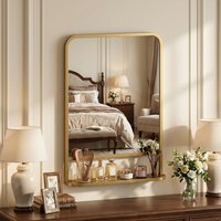 HOMCOM Modern Square Wall Mirror with Storage Shelf - Gold Tone / 50cm