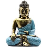 Hand Painted Bali Buddha Statue in Teal, Gold, Varada Mudra Art - Blue