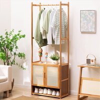 Wooden Coat Rack with Cabinet and Mesh Doors - Natural