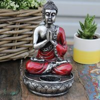 Red Bali Hand Painted Buddha Candle Holder Namaskara Mudra Decor - Red - image 1