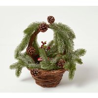 Homescapes Festive Wicker Basket Christmas Decoration - Brown, Green, Red & White - thumbnail 1