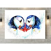 Puffins Watercolour Wall Canvas - Blue / 8 x 12 in