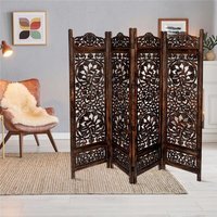 4 Panel Heavy Carved Room Divider Wooden Screen Lotus - Brown / Dark Brown