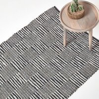 Homescapes Black White Real Leather Handwoven Striped Block Check Rug - Black / 150cm - thumbnail 1