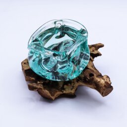 Molten Glass Wood Ashtray Candle Holder Indonesian Craft - Turquoise - thumbnail 4