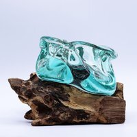 Molten Glass Wood Ashtray Candle Holder Indonesian Craft - Turquoise