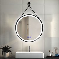 Round Bathroom Mirror with LED Lights, Leather Belt - Black / 70cm