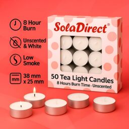 8 Hour Tealights Pack of 50 - Long Burn White Unscented Smokeless Candles - White - thumbnail 2