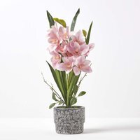Homescapes Large 58cm Cymbidium Pink Artificial Orchid in Grey Cement Pot - Pink - image 1