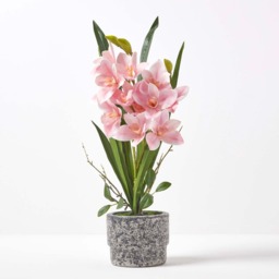 Homescapes Large 58cm Cymbidium Pink Artificial Orchid in Grey Cement Pot - Pink - thumbnail 2