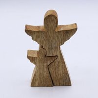 Mango Wood Angel Figurine with White Enamel, Handcrafted for Home - Brown