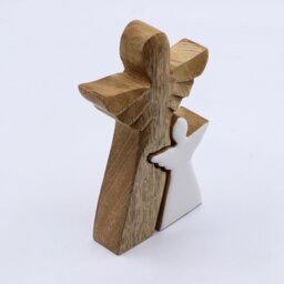 Mango Wood Angel Figurine with White Enamel, Handcrafted for Home - Brown - thumbnail 2
