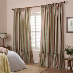 Birdie Stripe Fully Lined Ruffle Pencil Pleat Curtain Pair - Pink-Green / 168cm / 137cm - thumbnail 2