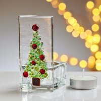 Fused Glass Tea Light Holder ¿ Christmas Tree Red Design (Handmade) - Red