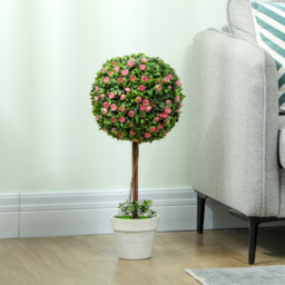 HOMCOM Set of 2 Artificial Ball Topiary Tree with Rose Flower in Pot - Pink - thumbnail 4
