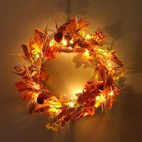 LED Autumn Wreath Wheat Maple Leaves Berries - Orange