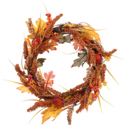 LED Autumn Wreath Wheat Maple Leaves Berries - Orange - thumbnail 2