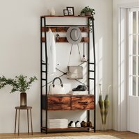 HOMCOM Coat Rack with Shoe Storage Bench and 10 Hooks Rustic Brown - Rustic Brown