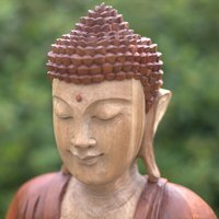 Hand Carved Wood Suar Buddha Statue, Unique Natural Art - Brown