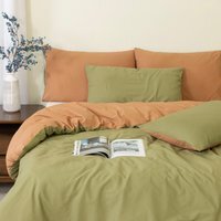 Reversible Olive Green King Duvet Cover Set - Premium 100% Cotton Percale, Button Closure - Olive Green / Superking