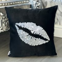 Plush Velvet And Glitter Sparkly Lips Cushion Salon Aesthetics Decor - Black