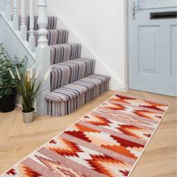 Warm Orange Terracotta Tribal Geometric Low Pile Soft Living Area Rug - Terracotta / 240cm - thumbnail 2