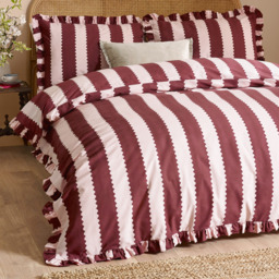 Birdie Stripe Ruffle Duvet Cover Set - Burgundy-Blossom / Superking - thumbnail 4