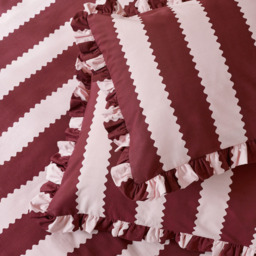 Birdie Stripe Ruffle Duvet Cover Set - Burgundy-Blossom / Superking - thumbnail 2