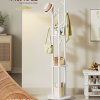 VASAGLE Freestanding Coat Rack Stand, Coat Tree with 11 Hooks, 3 Shelves - White