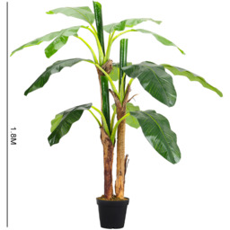 Realistic Banana Artificial Tree 3 Trunk in Black Planter - Green - thumbnail 4