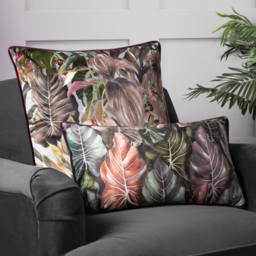 Mogori Leafage Digitally Printed Velvet Piped Cushion - Aubergine / Feather - thumbnail 3