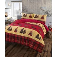 Flannelette Tartan Stag Duvet Cover Set Set - Red / Single