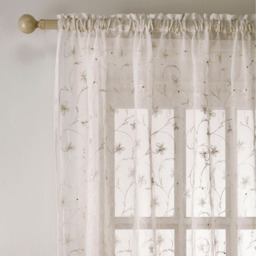 Slot Top Sheer Linen Look Voile Panels with Floral Print and sequins - Pair - Cream / 137cm - thumbnail 3