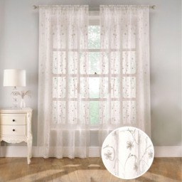 Slot Top Sheer Linen Look Voile Panels with Floral Print and sequins - Pair - Cream / 137cm - thumbnail 4