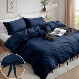 3Pcs Stripe Duvet Cover Set With Pillowcase - Navy / Superking - thumbnail 2