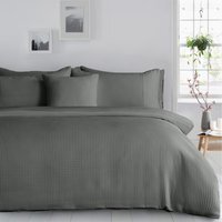 Classic Waffle Weave Plain Cuff Duvet Set - Charcoal / Single - thumbnail 1