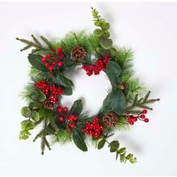 Artificial Winter Woodland and Eucalyptus Wreath - Green & Red - thumbnail 1