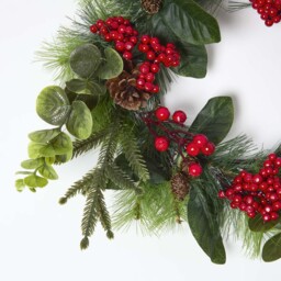 Artificial Winter Woodland and Eucalyptus Wreath - Green & Red - thumbnail 2