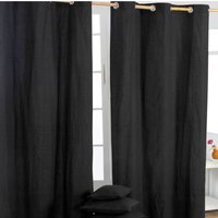 Homescapes Cotton Plain Ready Made Eyelet Curtain Pair - Black / 137cm / 182cm - thumbnail 1
