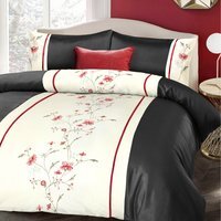 Luxury Floral Embroidered Duvet Cover and Pillowcase Set - Black/Cream / Single