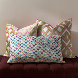 Henley Velvet Jacquard Cushion - Lime-Pink - thumbnail 2