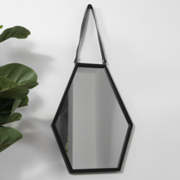 Hexagon Black Metal Mirror with Leather Strap - Black - thumbnail 2