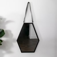 Hexagon Black Metal Mirror with Leather Strap - Black - thumbnail 1
