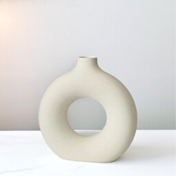 Donut Shaped Round Ceramic Vase - Cream - thumbnail 2