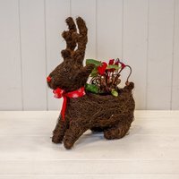 Brown Sitting Reindeer Planter with Christmas Scarf - Dark Brown