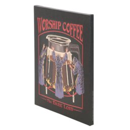 Worship Coffee Canvas Plaque by Steven Rhodes - 19x25cm Retro Wall Art - Black - thumbnail 3