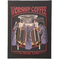 Worship Coffee Canvas Plaque by Steven Rhodes - 19x25cm Retro Wall Art - Black