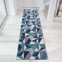 Duck Egg Blue Grey Diamond Geometric Living Room Rug - Duck Egg / 240 x 60cm - thumbnail 1