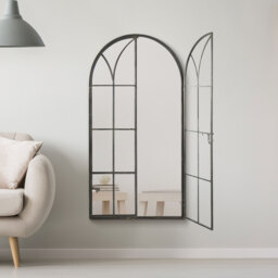 Large Metal Arch shaped Opening Window Wall Mirror - Black - thumbnail 2