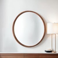 Solid Oak Round Warm Wood Wall Mirror - Brown / 90cm
